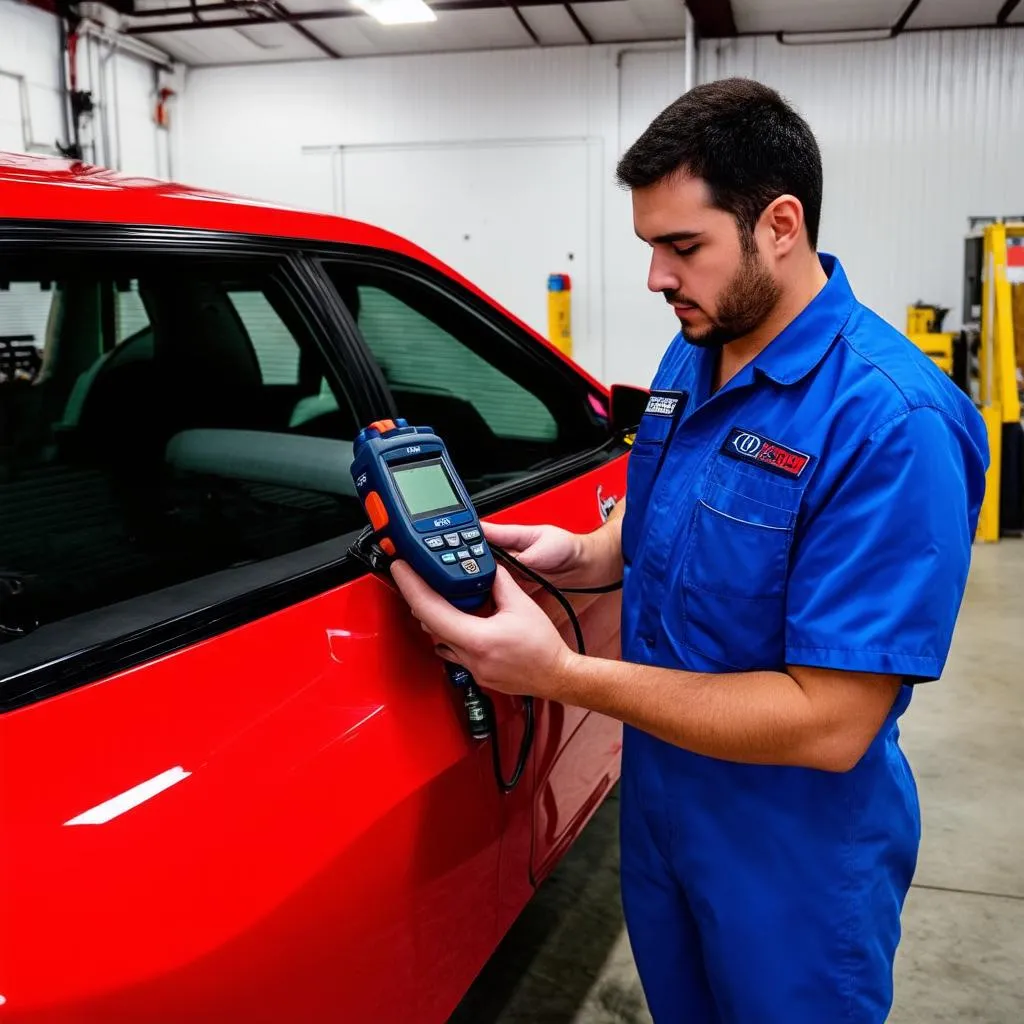 Car Mechanic diagnosing a Toyota Camry using an OBD scanner